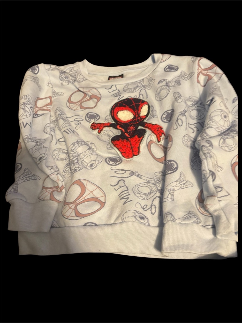 Marvel Kids White Sweatshirt with Red Miles Morales Patch and Gray Sketch Print